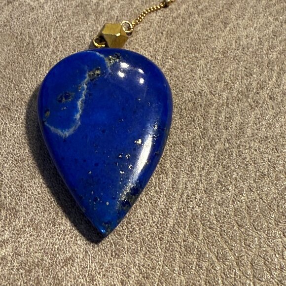 Gold tone Lariat Necklace set with huge genuine lapis lazuli pendant 17" + 4" - Picture 5 of 7